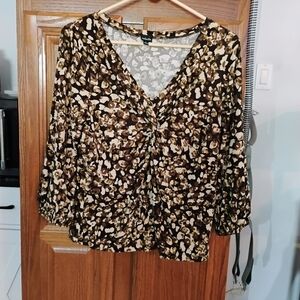 Twist-Front V-Neck Women's Top in Brown Floral